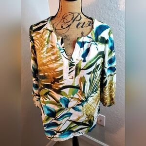Chico's Green and Blue Leaf Print Blouse